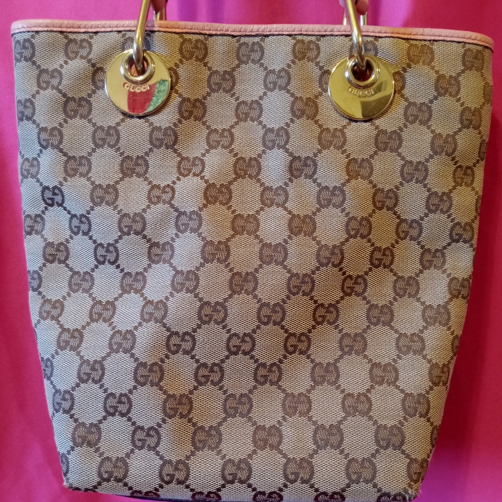 Gucci vintage monogram bucket tote, 9 1/2" x 10", brown with salmon trim